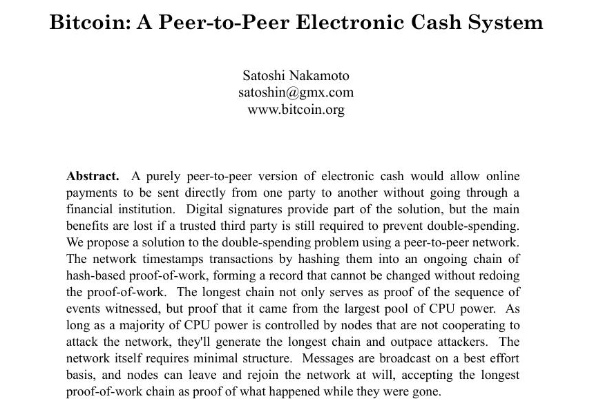 The original Bitcoin whitepaper as published by Satoshi Nakamoto